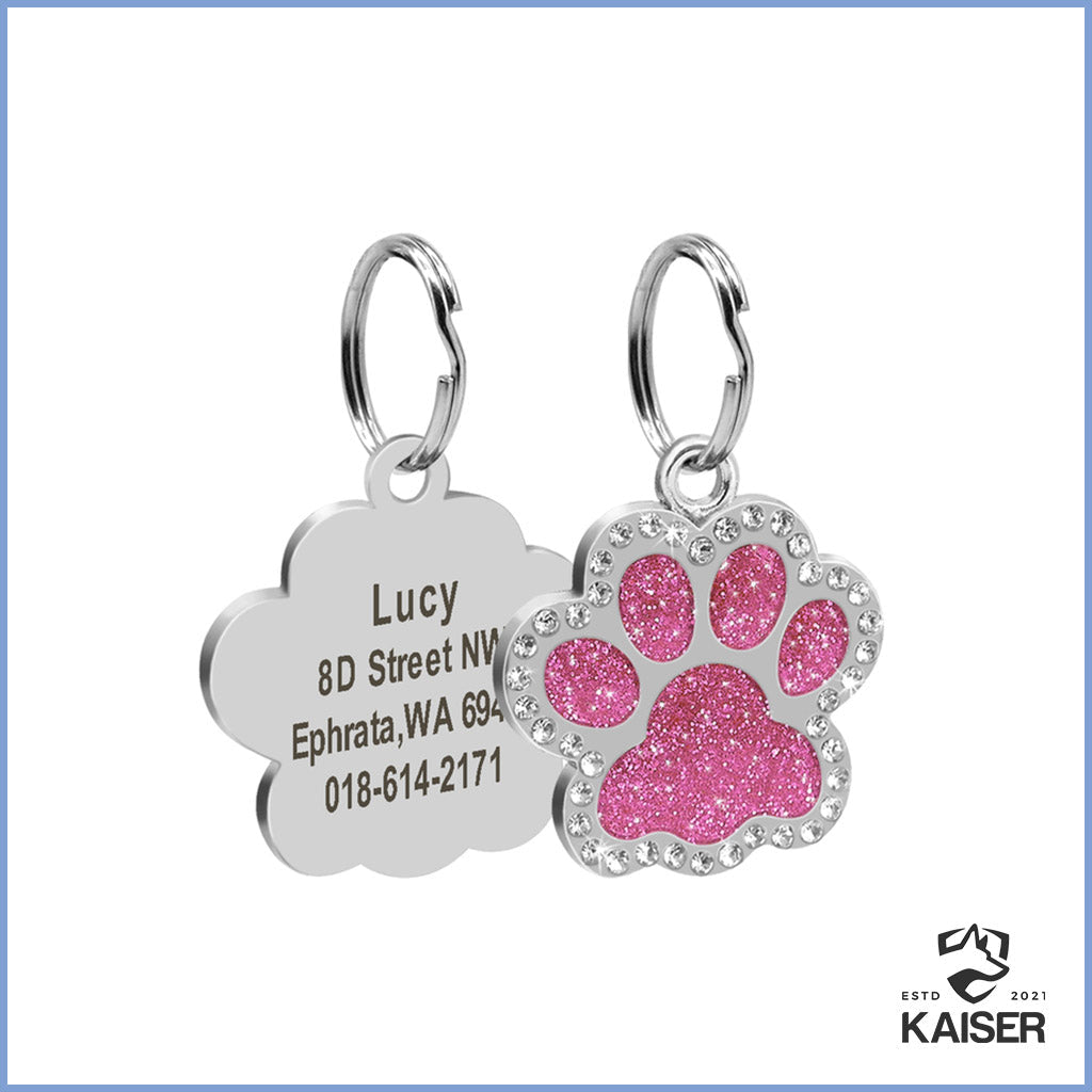 Hundemarke mit Gravur aus Edelstahl in Pfotenform Rosa Farbe
