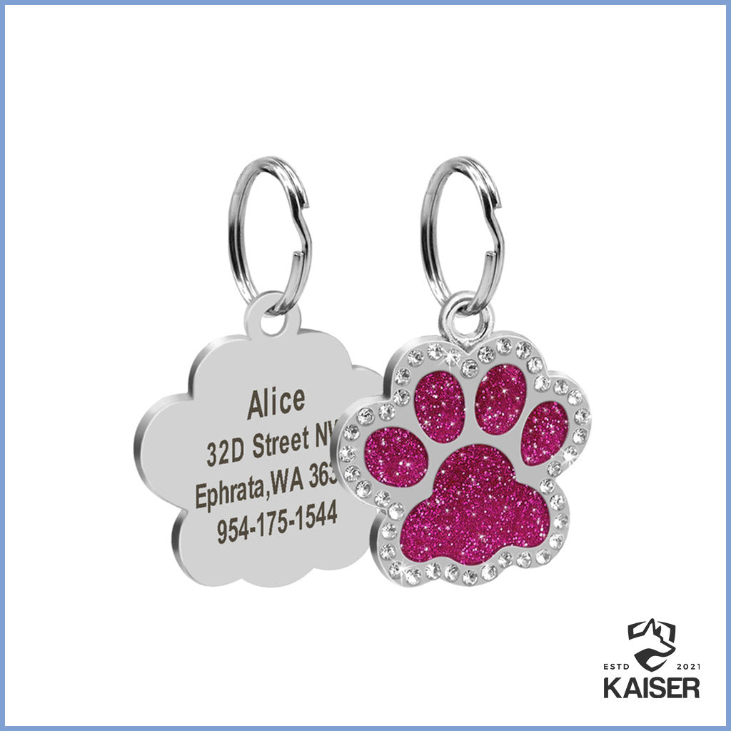 Anhänger Hundemarke im Pfotenform aus Edelstahl in rosa Farbe, personalisiert mit Namen und Kontaktdaten